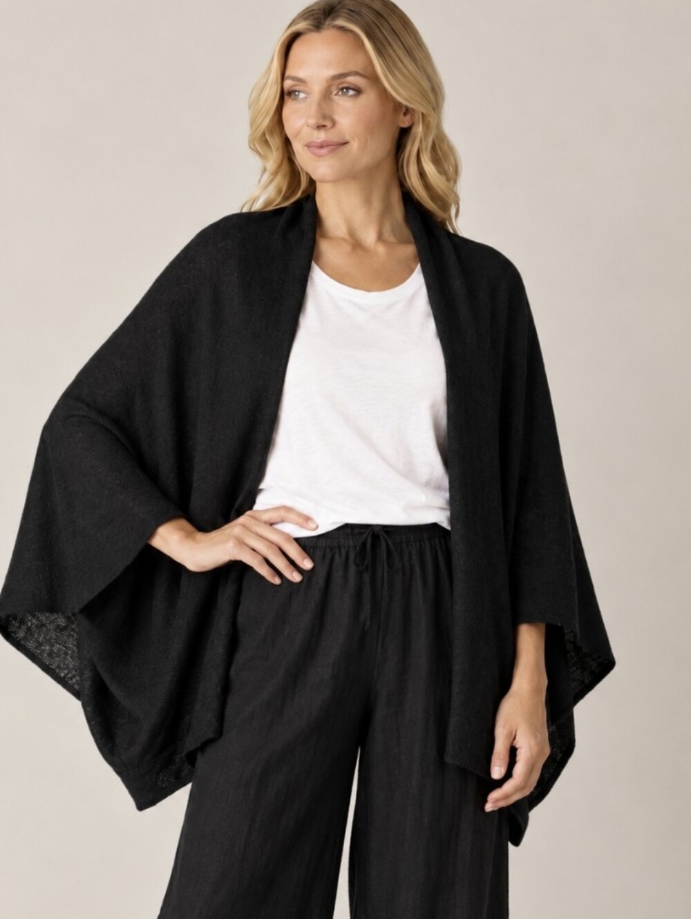 Eileen Fisher 100% Organic Linen Shawl Cardigan Black Wrap Women's O/S